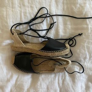 Soludos Black Leather Wrap Around Espadrilles